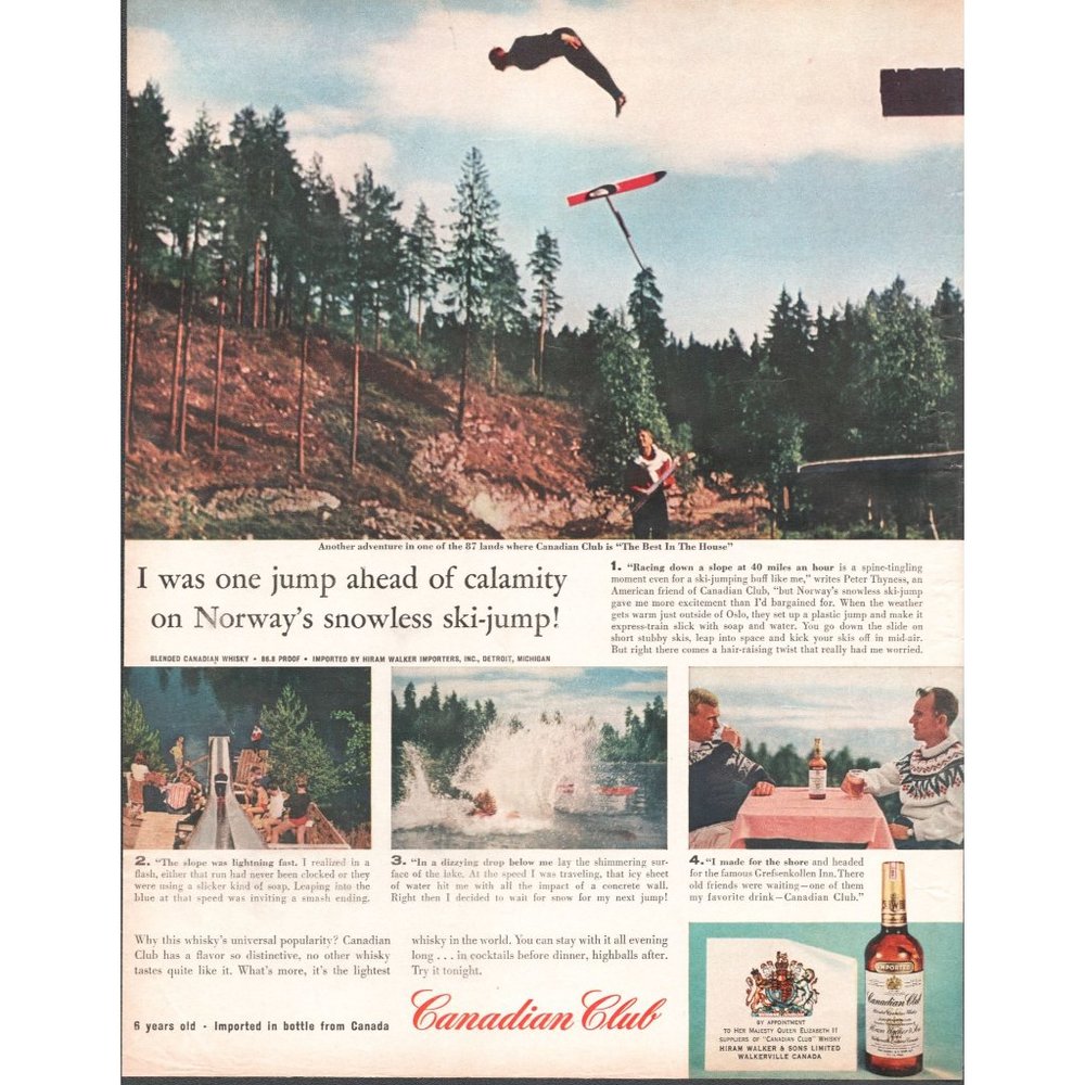 1961 Canadian Club Whisky Vintage Print Ad Ski Jumping Jump Norway Nordic Art